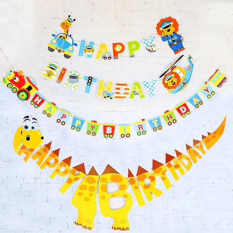 Cartoon Animal Police Car Train Dinosaur Birthday Banner For Kids Party Decoration Paper Lettering Garland Hanging Decor