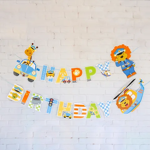 Cartoon Animal Police Car Train Dinosaur Birthday Banner For Kids Party Decoration Paper Lettering Garland Hanging Decor