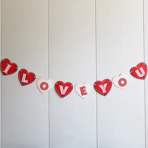 Vintage Cardstock Heart Bunting Banner With I LOVE YOU Text For Valentine's Day Engagement Wedding Party Decoration Red White Flag