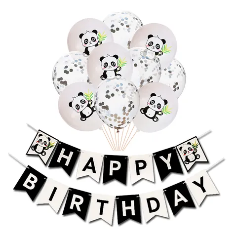 Panda Theme Birthday Party Decoration Including Latex Balloons With Cartoon Panda Bamboo Pattern Sequin Balloons And Happy Birthday Banner Fishtail Flag
