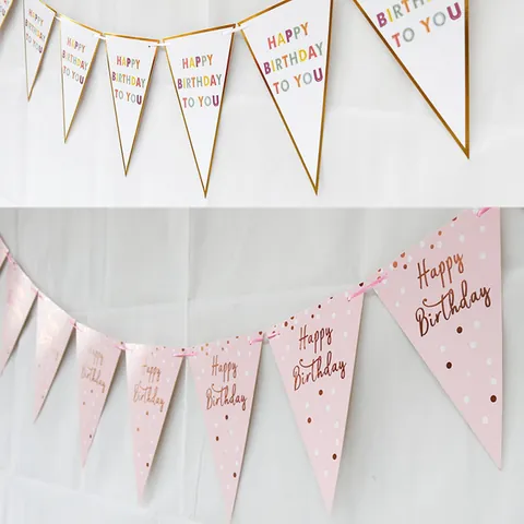 Happy Birthday Triangle Bunting Banner Polka Dot Rose Gold Glitter Cardboard Hanging Garland For Party Celebration Decorations