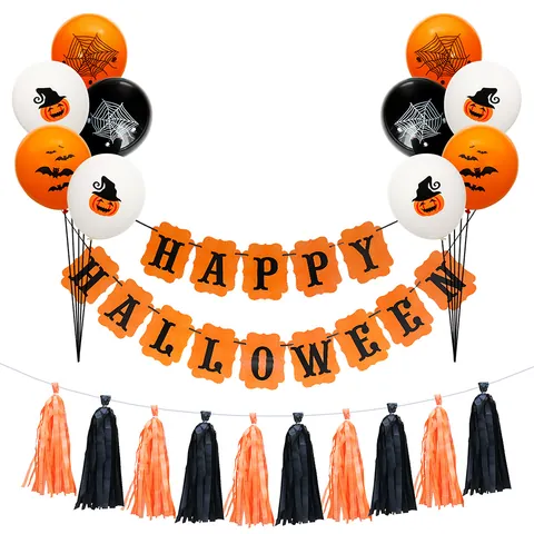Set de Decoración de Fiesta de Halloween Calabaza Murciélago Globos Látex Happy Halloween Banner de Brillo Guirnalda de Borlas Naranja Negro