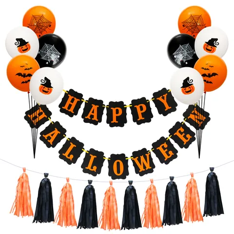 Set de Decoración de Fiesta de Halloween Calabaza Murciélago Globos Látex Happy Halloween Banner de Brillo Guirnalda de Borlas Naranja Negro