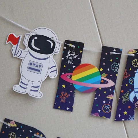 Astronaut Rocket Space Theme Birthday Banner Hanging Decoration Paper Garland For Kids Outer Space Party Supplies
