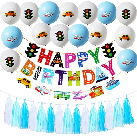 Cartoon Transport Ballon Happy Birthday Banner Vliegtuig Auto Verkeerslicht Thema Feest Decoratie Folie Latex Ballonnen