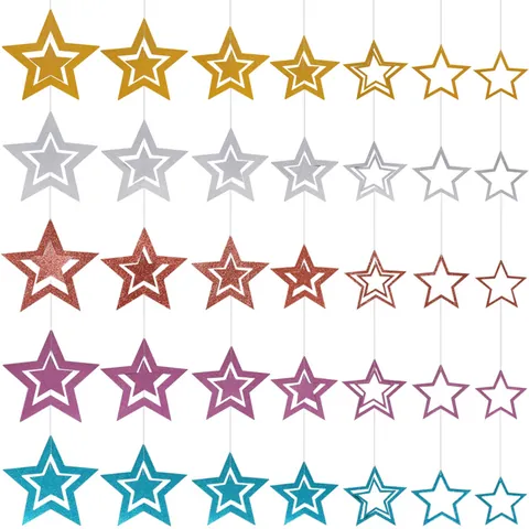 Hollow Star Hanging Decorations Glitter Cardstock Ornaments For Christmas New Year Birthday Party Ceiling Garland Gold Silver Blue Rose Gold Stars