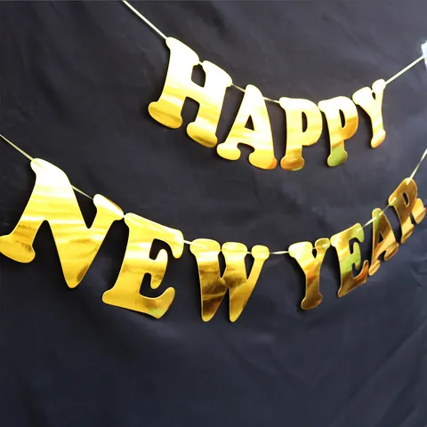 2026 Gold Mirror Paper Happy New Year Banner Garland Metallic Hanging Letter Sign For New Year Eve Party Decorations