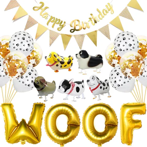 Ensemble Décoration Fête Anniversaire Chien Ballons Aluminium Woof Latex Empreinte Patte Confettis Bannière Happy Birthday