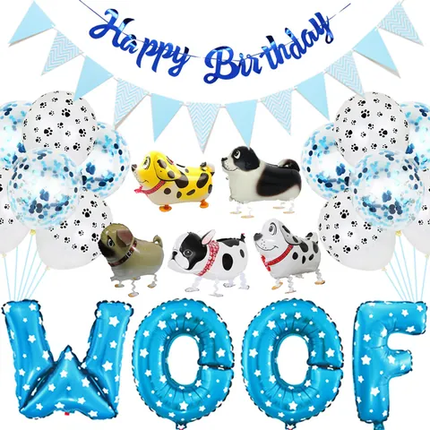 Ensemble Décoration Fête Anniversaire Chien Ballons Aluminium Woof Latex Empreinte Patte Confettis Bannière Happy Birthday