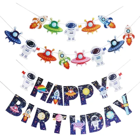 Astronaut Rocket Space Theme Birthday Banner Hanging Decoration Paper Garland For Kids Outer Space Party Supplies
