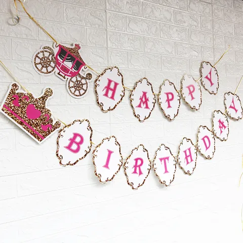 Πανό Happy Birthday Θέμα Πριγκίπισσα Πρίγκιπας Χρυσό Glitter Στέμμα Καροτσάκι Κάστρο Χάρτινη Γιρλάντα Για Baby Shower Πρώτα Γενέθλια Διακόσμηση Πάρτι