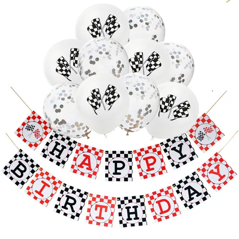 Racing Theme Birthday Party Decoration Kit Checkered Flag Banner Latex Confetti Balloons Sport Car Motorcycle Celebration Supplies For Boys