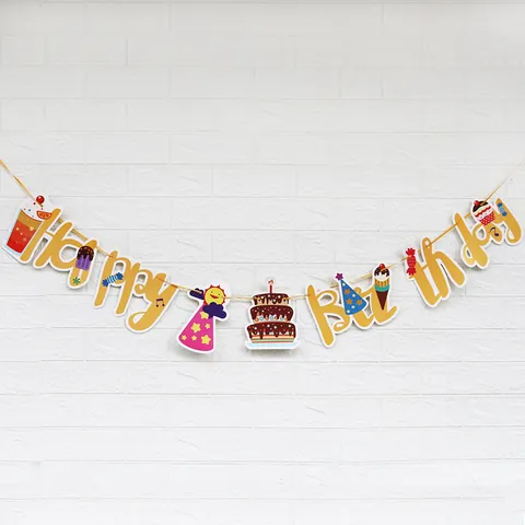 Happy Birthday Party Banner Gelb Cartoon Papier Girlande Mit Kuchen Eis Süßigkeiten Design Für Kinder Geburtstag Deko