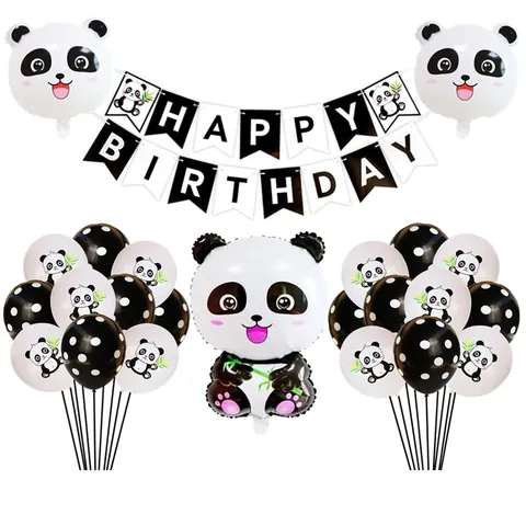 Panda Theme Birthday Party Decoration Set Black White Latex Aluminum Foil Balloons Happy Birthday Banner For Kids Party
