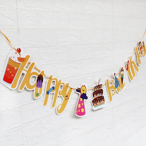 Happy Birthday Party Banner Gelb Cartoon Papier Girlande Mit Kuchen Eis Süßigkeiten Design Für Kinder Geburtstag Deko