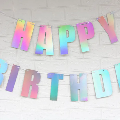 Iridescent Holographic Happy Birthday Banner Laser Paper Alphabet Hanging Garland For Birthday Party Decoration Supplies
