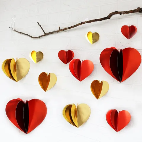3D Mirror Paper Heart Hanging Decorations Multi Layered Metallic Gold Red Heart Garlands For Valentine's Day Wedding Party
