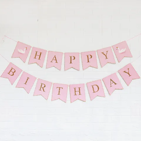 Pancarta de Feliz Cumpleaños de Cisne Rosa Letras Doradas con Purpurina Banderines Guirnalda para Decoración de Pared de Fiesta de Niñas