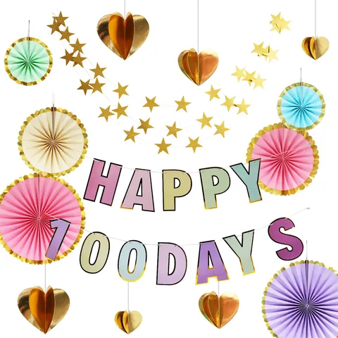 Macaron Happy Birthday Banner Happy 100 Days Pull Flag Laser Silver Party Decorations And Paper Fan Star Heart Pendant