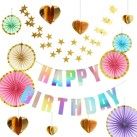 Macaron Happy Birthday Banner Happy 100 Days Pull Flag Laser Silver Party Decorations And Paper Fan Star Heart Pendant