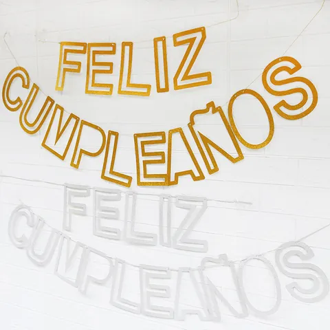 Banner di Compleanno Spagnolo Feliz Cumpleaños Oro Argento Glitter Carta Bunting Per Decorazioni Festa di Compleanno Ghirlanda