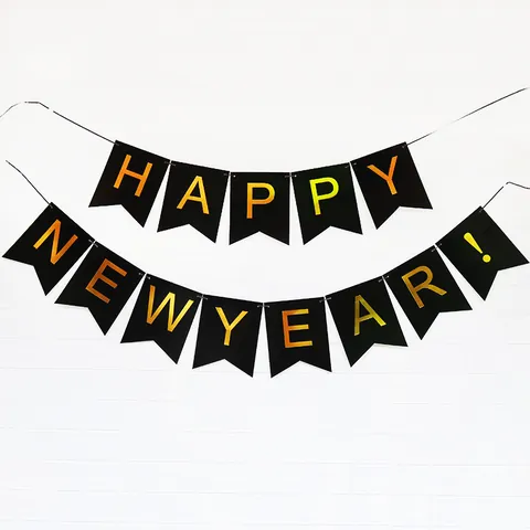 Happy New Year Banner Gold Stamped Paper Pennant Garland Hanging Flag For New Year Eve Party Home Decoration Celebration