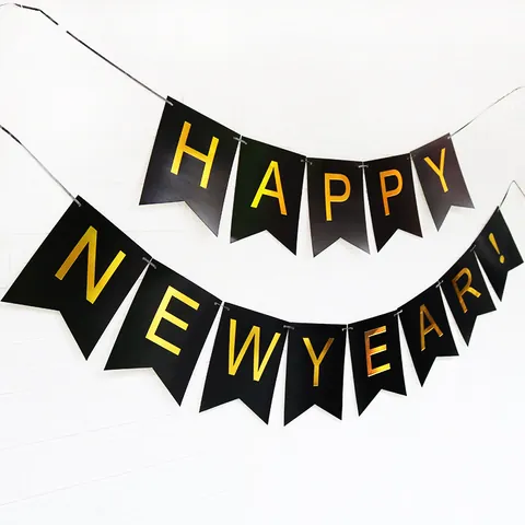 Happy New Year Banner Gold Stamped Paper Pennant Garland Hanging Flag For New Year Eve Party Home Decoration Celebration