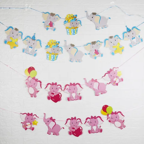 Cartoon Elephant Theme Birthday Party Banner Baby Shower Decoration Cardboard Animal Pull Flag Pink Blue Party Supplies