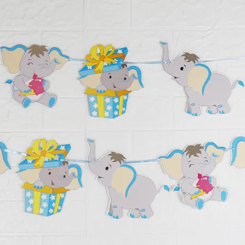 Cartoon Elephant Theme Birthday Party Banner Baby Shower Decoration Cardboard Animal Pull Flag Pink Blue Party Supplies