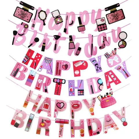 Bannière Joyeux Anniversaire Thème Maquillage Illustration Cosmétique Papier Rose Violet Décoration de Fête Spa Filles Ornements Suspendus