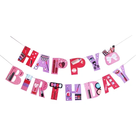 Bannière Joyeux Anniversaire Thème Maquillage Illustration Cosmétique Papier Rose Violet Décoration de Fête Spa Filles Ornements Suspendus