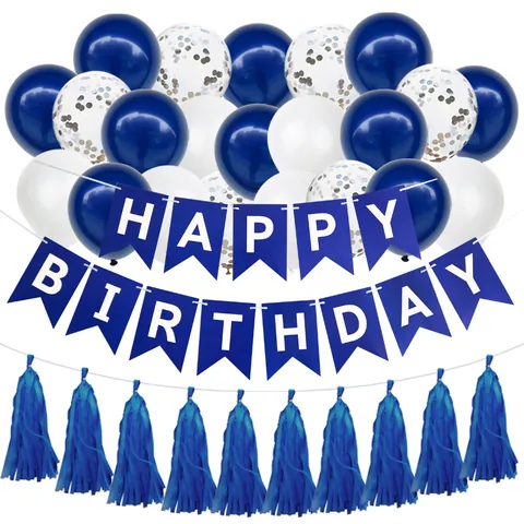 Royal Blue Birthday Decorations Paper Banner Latex Balloons Silver Sequins Tassels For Baby Shower Celebration Decor