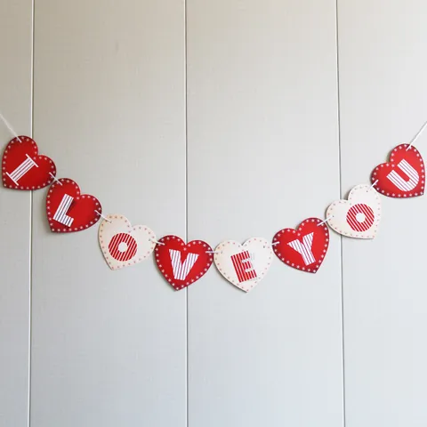 Vintage Cardstock Heart Bunting Banner With I LOVE YOU Text For Valentine's Day Engagement Wedding Party Decoration Red White Flag