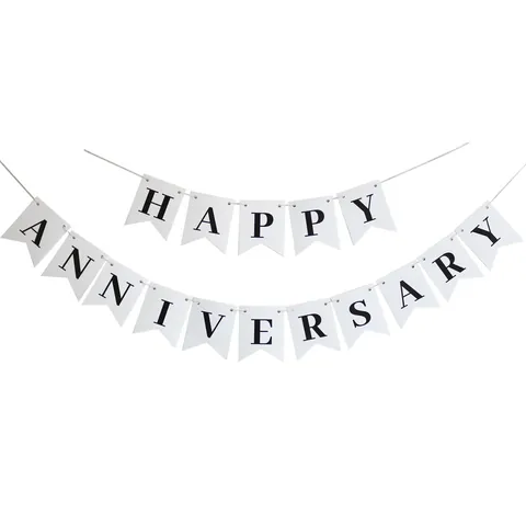 Pancarta de Happy Anniversary Blanca de Cartulina con Cola de Golondrina y Letras Doradas con Purpurina para Decoración de Bodas