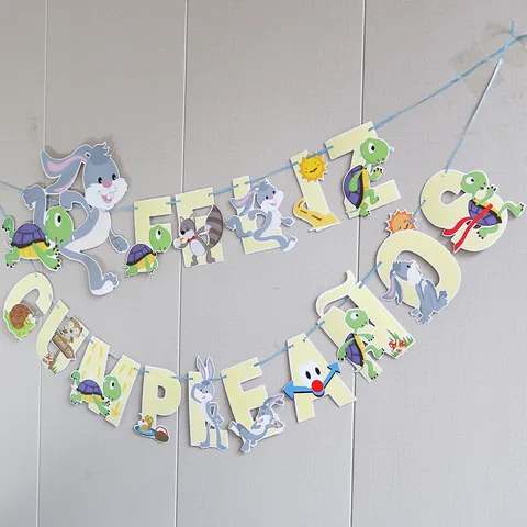 Spanish Feliz Cumpleaños Birthday Banner Cartoon Tortoise And Hare Animal Theme Party Decoration Cardstock Bunting