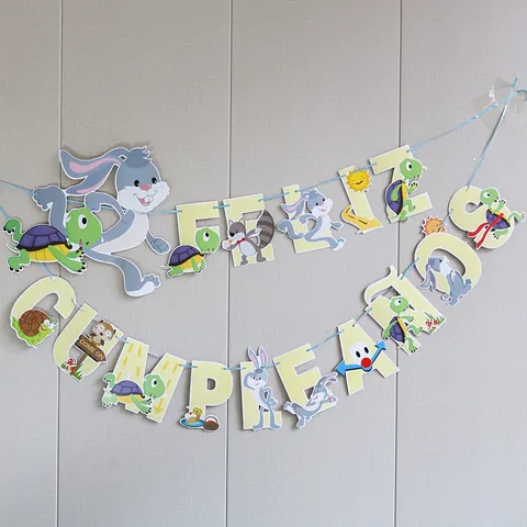 Spanish Feliz Cumpleaños Birthday Banner Cartoon Tortoise And Hare Animal Theme Party Decoration Cardstock Bunting