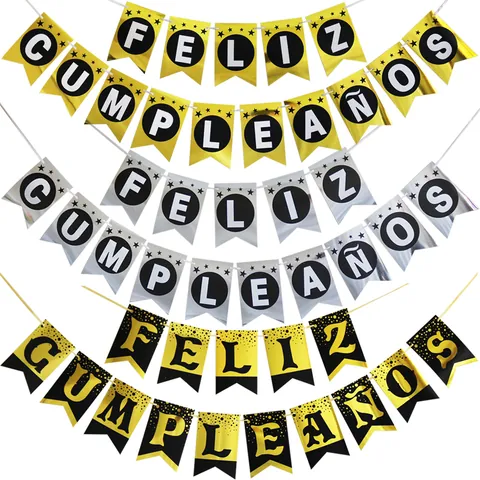Spanish Feliz Cumpleaños Birthday Banner Metallic Mirror Glitter Cardboard Swallowtail Bunting For Party Decoration