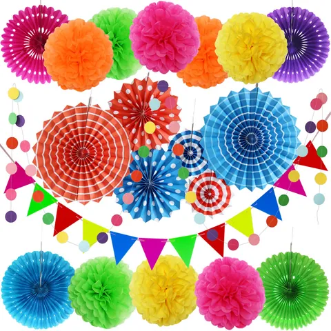 Macaron Regenboog Feest Decoratie Set Papieren Waaiers Bloemballen Pom Poms Driehoek Banner Cirkel Slinger Hangende Ornamenten Voor Verjaardag Bruiloft