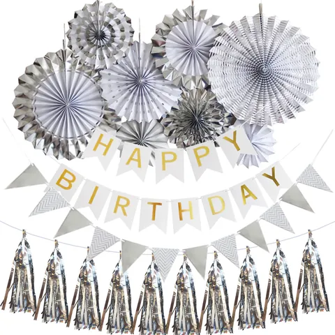 Happy Birthday Party Decoration Set Paper Fans Banner Triangle Bunting Foil Tassels For Birthday Celebration Wall Backdrop Decor