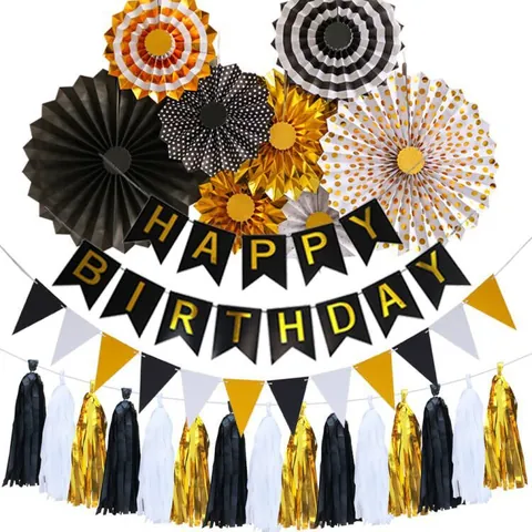 Happy Birthday Party Decoration Set Paper Fans Banner Triangle Bunting Foil Tassels For Birthday Celebration Wall Backdrop Decor