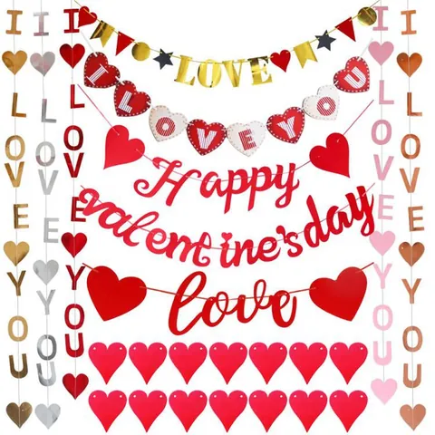 Happy Valentine's Day Banner Red Gold Glitter Heart Banner Romantic Party Decor For Wedding Proposal Anniversary Home Decoration