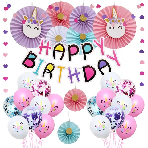 Happy Birthday Party Decoration Kit Unicorn Paper Fans Banner Balloons Tassels Heart Garland For Girls Celebration Birthday Supplies