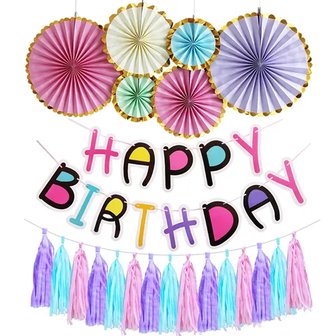 Happy Birthday Party Decoration Kit Unicorn Paper Fans Banner Balloons Tassels Heart Garland For Girls Celebration Birthday Supplies