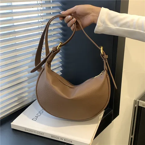 Bolso Hobo de Media Luna de Moda para Mujer Color Sólido Patrón de Lichi Bolso Bandolera de Hombro Con Correa Ajustable Diario