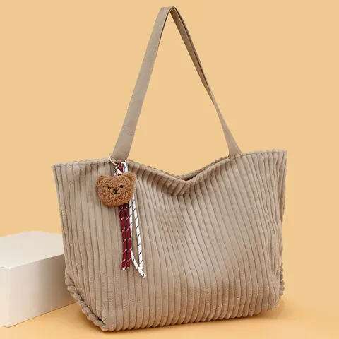Women Corduroy Tote Bag Large Capacity Vintage Striped Shoulder Bag Casual Commuting Handbag For Daily Shopping Travel