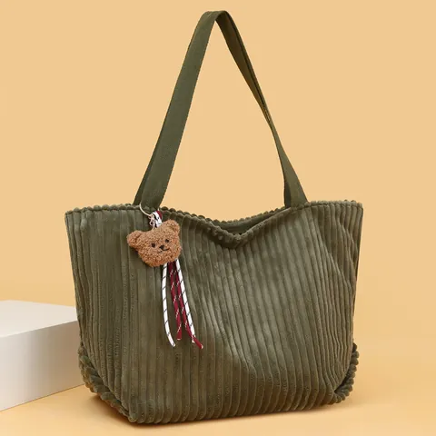 Women Corduroy Tote Bag Large Capacity Vintage Striped Shoulder Bag Casual Commuting Handbag For Daily Shopping Travel