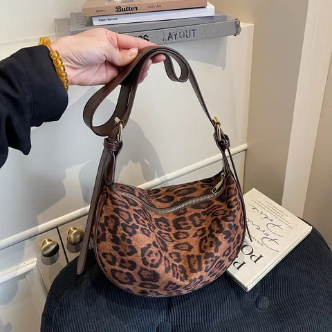 Borsa a Spalla da Donna Vintage Con Stampa Leopardata Elegante Borsa Hobo Sottobraccio in PU Effetto Scamosciato Con Tracolla Regolabile Hardware Dorato