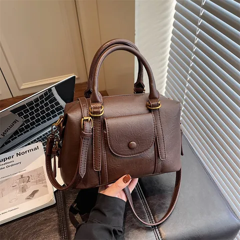 Vrouwen Vintage PU Leer Boston Handtas Grote Capaciteit Schouder Crossbody Tas Met Voorste Flap Zak Voor Dagelijks Woon-werkverkeer