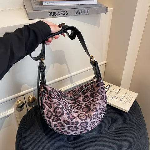Borsa a Spalla da Donna Vintage Con Stampa Leopardata Elegante Borsa Hobo Sottobraccio in PU Effetto Scamosciato Con Tracolla Regolabile Hardware Dorato