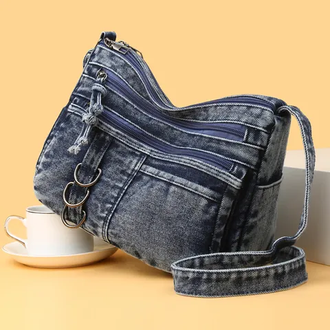 Vintage Denim Umhängetasche Für Damen Große Kapazität Gewaschene Multi-pocket Lässige Schultertasche Retro Messenger Bag